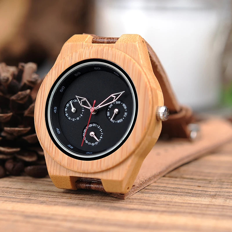 BOBO BIRD H28 Mens Wooden Bamboo Watch with Leather Band 3ATM Water Resistant Wristwatch Timepiece for Mens Womens in Box