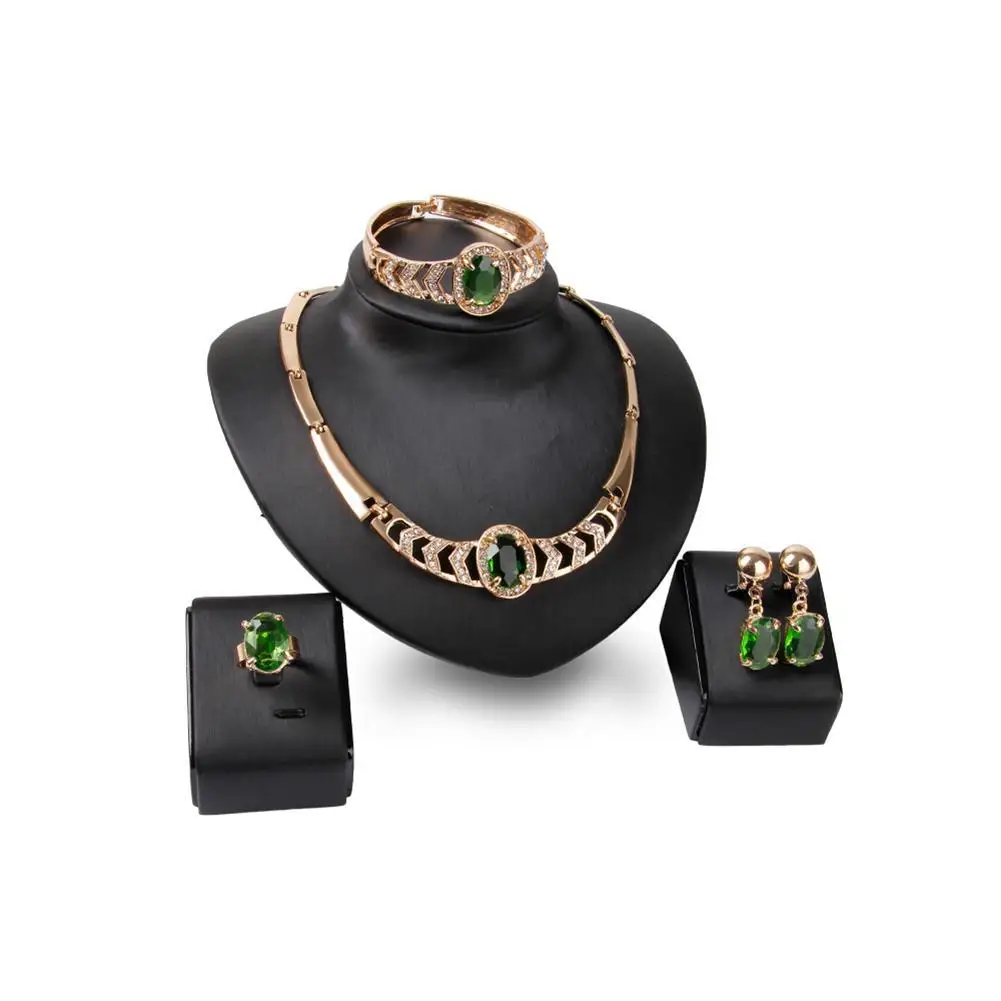 Набор зеленый кристалл, свадьба, для новобрачных ювелирных изделий наборы золотого цвета цепи ожерелье серьги, браслет, кольцо набор Вечерние