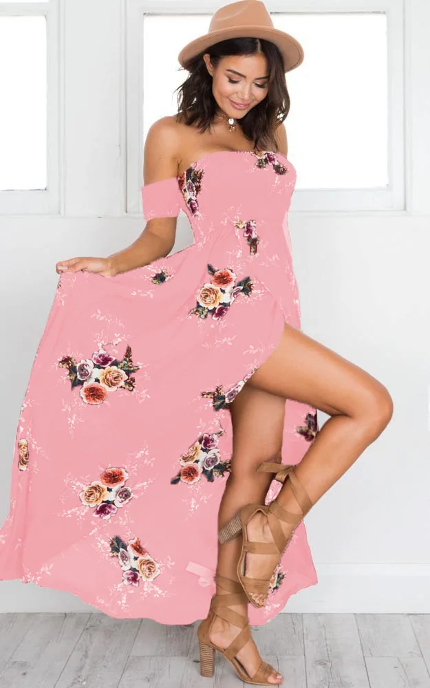 Lossky новое женское сексуальное боковое летнее платье с разрезом от бедра с открытыми плечами винтажное платье макси с принтом женское пляжное платье Vestidos