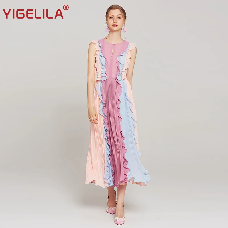 

YIGELILA 2019 Women Summer Birthday Party Dress Fashion Sleeveless O-neck Empire Slim Ankle Length Patchwork Ruffles Dress 63410