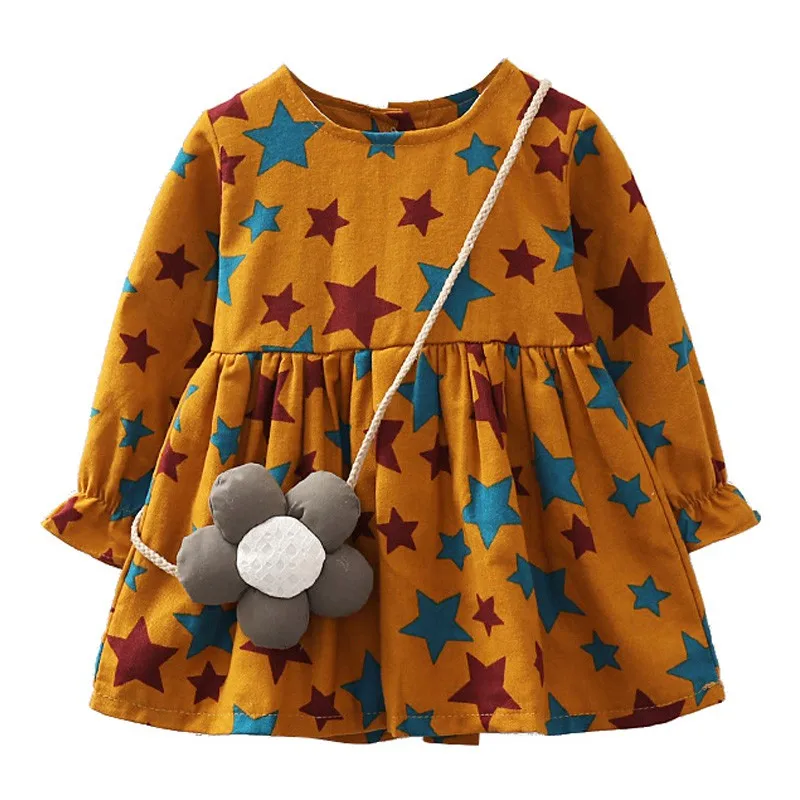 

Newest Baby Gilrs Pentagram Printing Slant Satchel Long-sleeve Round-neck Dress Mini Flower Fashion Dress