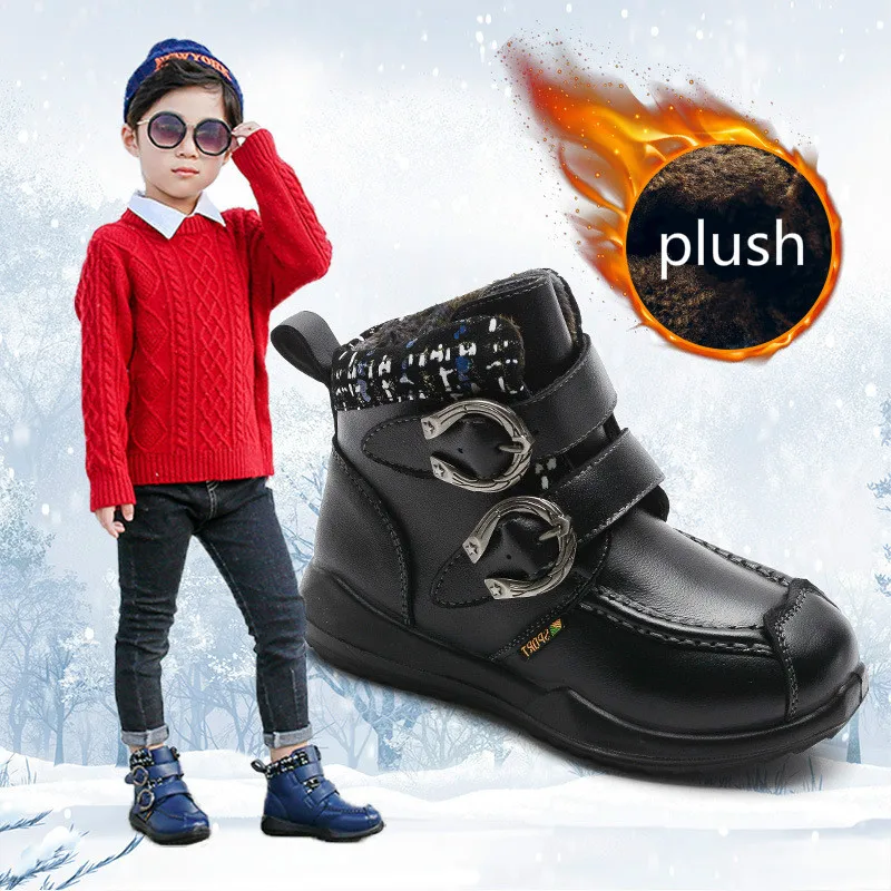 Зима мальчик сапоги модные плюшевые Ботильоны детская обувь в британском стиле теплые Модные ботинки martin Дети кожи с пряжкой сапоги на