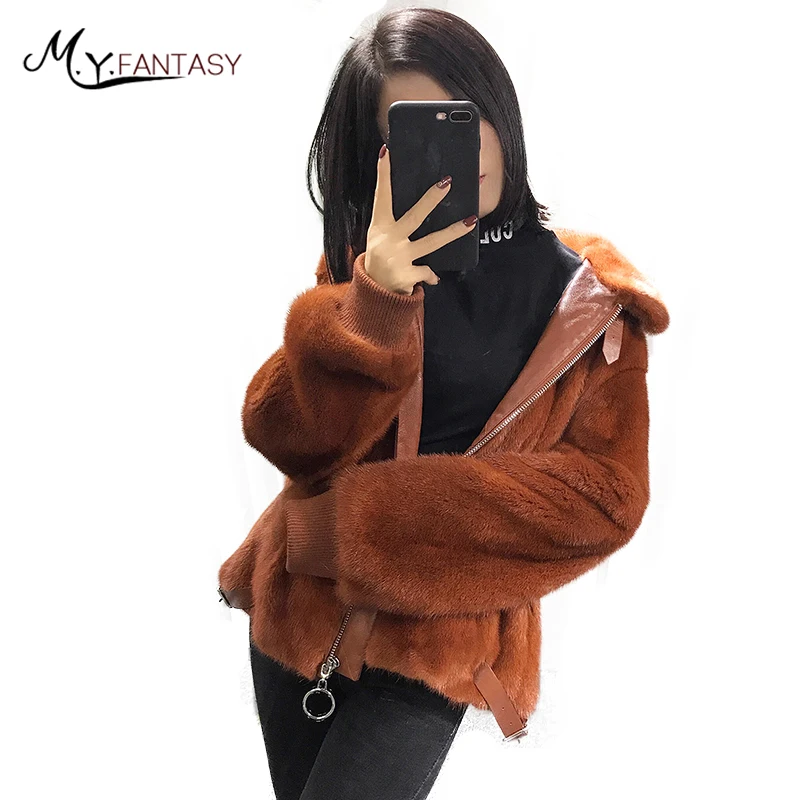 Женское Норковое Пальто с круглым вырезом M. Y. FANSTY Полосатое пальто натуральным