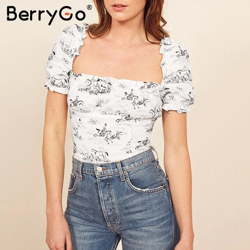 BerryGo/Винтажные топы с квадратным воротником Женские винтажные короткие рубашки