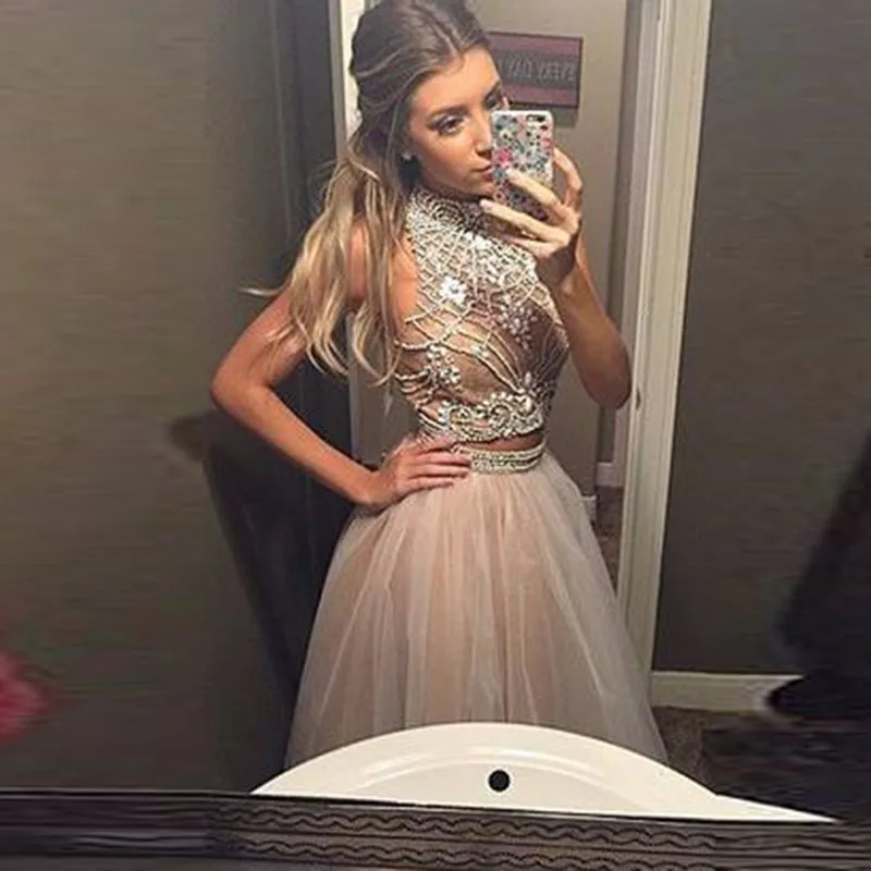 Sodigne 2 шт. prom dress выпускные высокая шея бисером линии тюль шампанское вечерние со