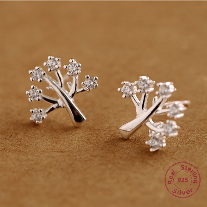 

100% Sterling Silver Wishing Tree stud earrings for Women Brief pure SilverJewelry Womens Austrian Crystal Ladies Birthday Gift