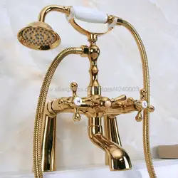 Роскошные золотые Цвет латунь телефон ванна кран смесителя w/ручной душ ванна ванной кран Двойной Ручки Kna152
