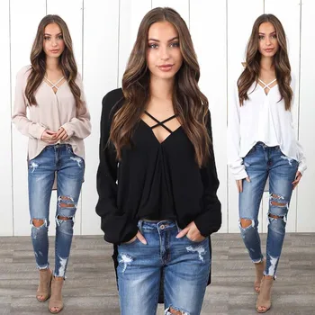 

Summer and Autumn New V-neck Long Sleeve Chiffon Medium-length T-shirt And Fashionable Temperament Leisure Women's Top