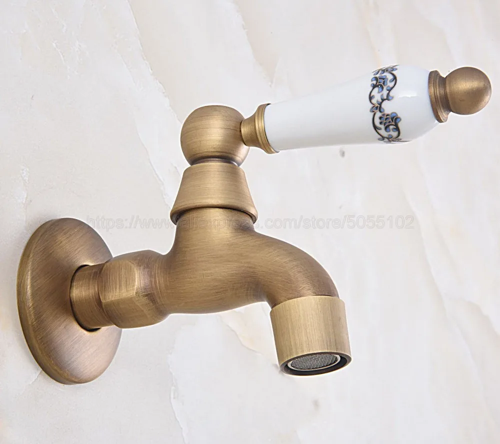 Vintage Antique Brass Faucet Bathroom Wall Mounted Single Cold Water Tape for Kitchen Sink Mop Pool Outdoor Garden Faucet zav319