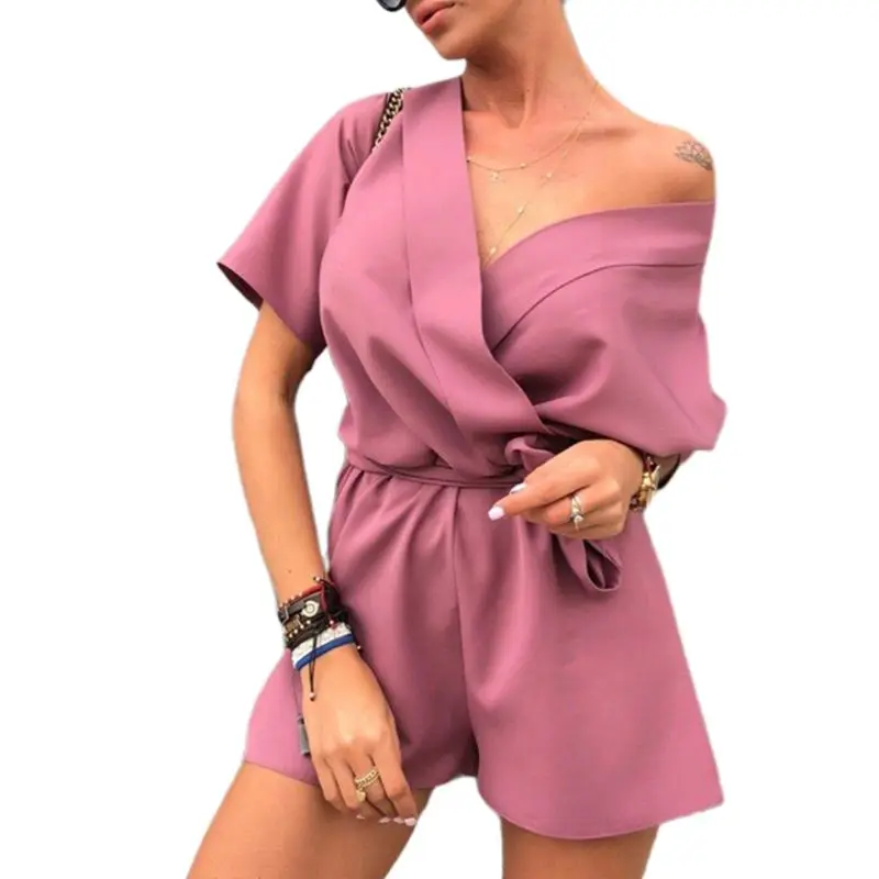 Женский сексуальный комбинезон с глубоким v-образным вырезом и коротким рукавом, однотонный комбинезон с высокой талией и поясом, свободные пляжные комбинезоны - Цвет: Hot Pink