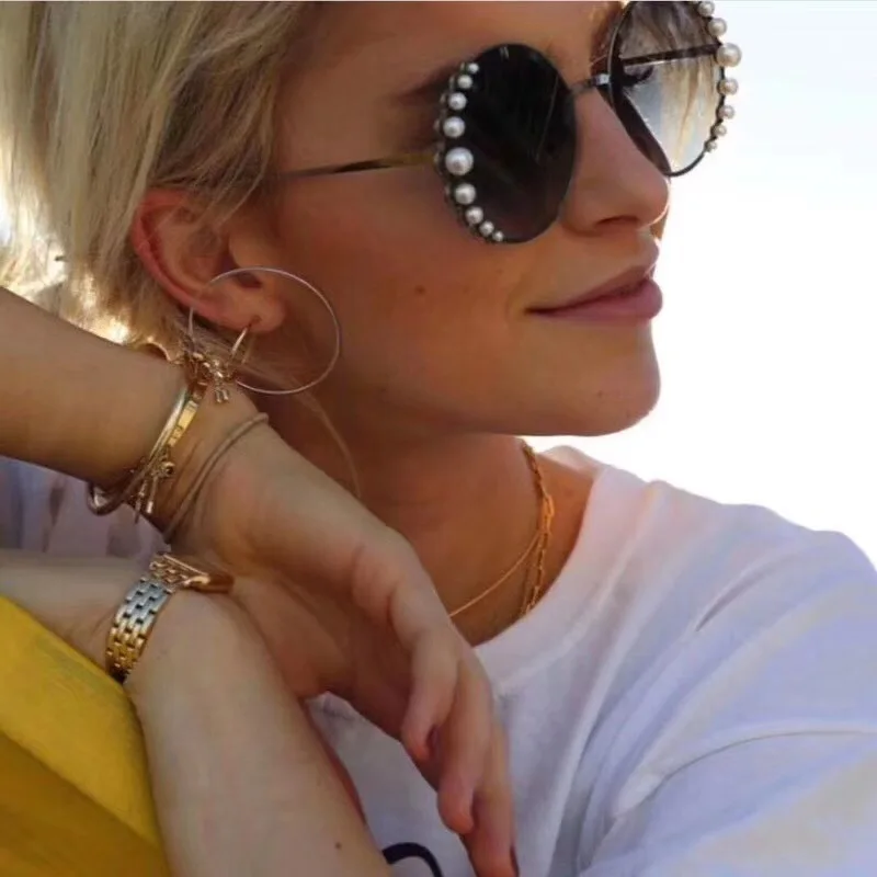 

Venetian Round Gradient Pearl Sunglasses Women Brand Eyewear Pearl Vintage Brand Designer Sun Glasses Points Metal Frame