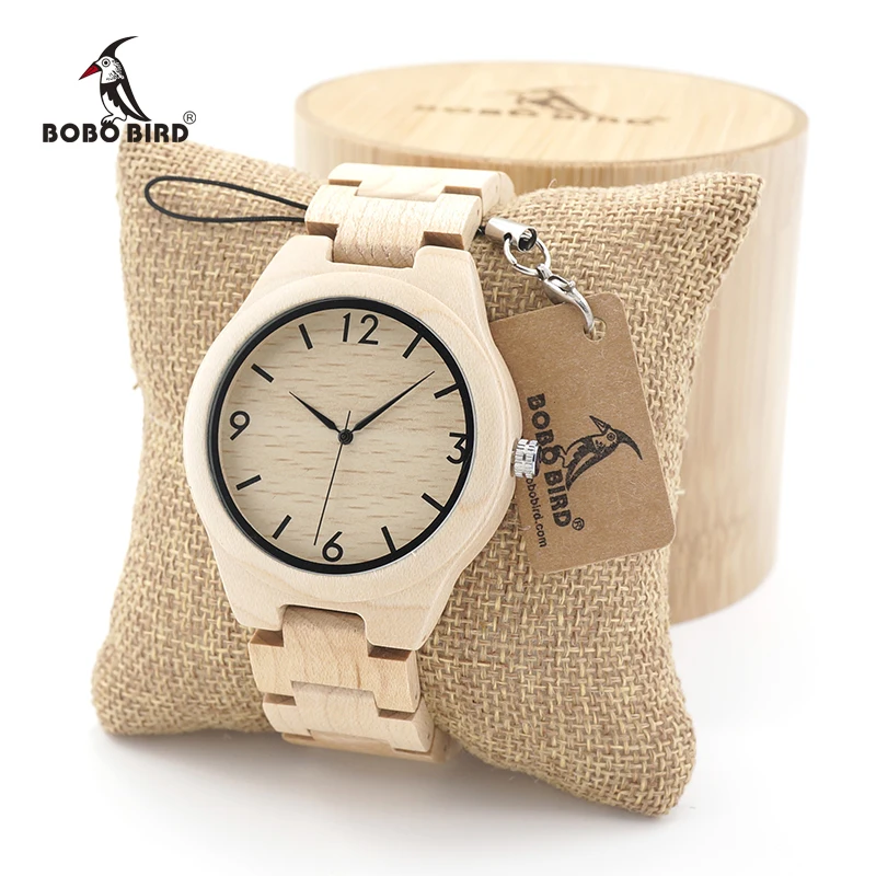 BOBO BIRD Mens White Maple Wooden Watches with bamboo Wood Links Causal Quartz Wrist Watch in Gift Box free shipping