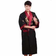 Two Side Dragon Men's Satin Kimono Robe Gown Black Red Reversible Bath Gown Casual Nightwear Sleepwear With Belt One Size
