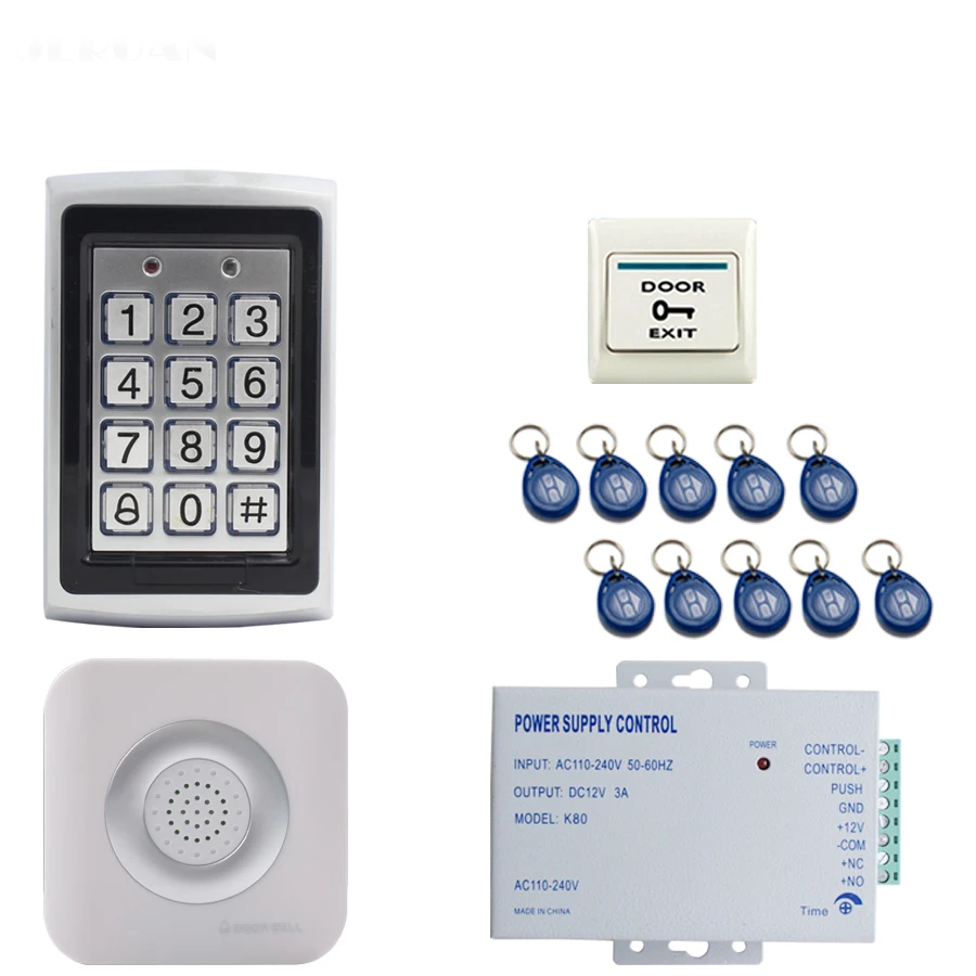 

JEX RFID Password Access Controller Metal Waterproof Backlight button Door control system kit + Doorbell + 12V power supply
