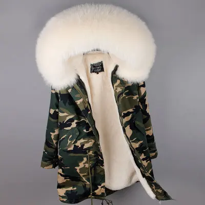 Новинка, Брендовое меховое пальто, парка, зимняя куртка, пальто, женская парка, настоящий большой воротник из лисьего меха, с капюшоном, с искусственным мехом, длинная верхняя одежда - Цвет: long camo beige fur