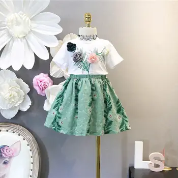 

Kid Girls Clothing Children Summer Girls Clothes Set Three-dimensional Flower T-shit+Skirt Cotton