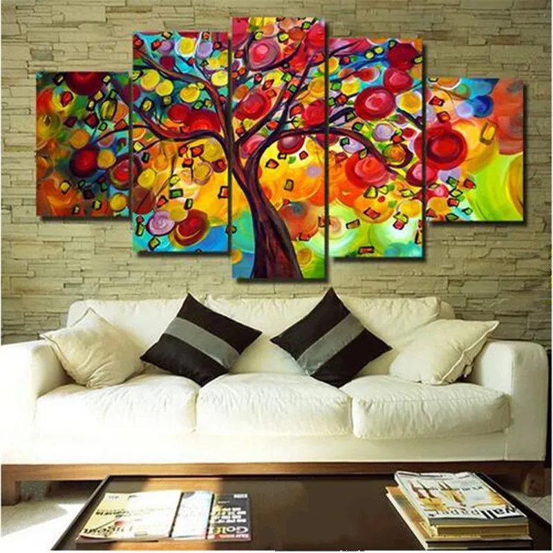 5 Panel Colorful Life Tree Oil Painting Canvas Wall Art Pictures Hand