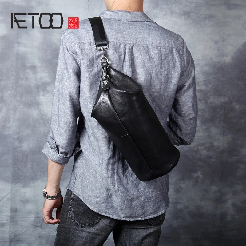 

BJYL Personality casual Head cowhide single shoulder crossbody bag male leather cylinder pack