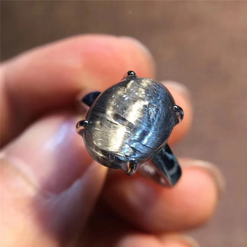 

Natural Brookite Platinum Silver Rutilated Quartz Adjustable Ring 10mm Woman Round Sphere Ball 925 Sterling Silver Ring AAAAA