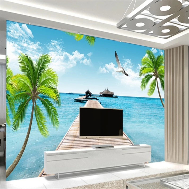 beibehang Custom large background wallpaper 3d stereo seaside landscape coconut sofa TV wall papel de parede para quarto | Обустройство