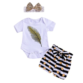 

3PCS Romper Tops Striped Dot Briefs Shorts Summer Baby Girl Short Sleeve Fur Print With Headband Outfits Set