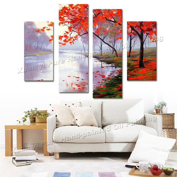 

4 Panel Impressionist Palette Knife Tree River Oil Painting Canvas Wall Art Cuadros Wall Pictures For Living Room Unframed XY156