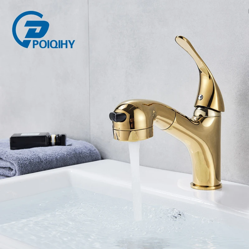 

Golden Pull Out Bathroom Basin Faucet Deck Mounted Single Handle Single Hole Cold and Hot Water Mixer Hair Washing Tap