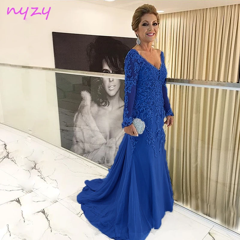 NYZY M55B Wedding Moeder Jurk 2019 Royal Blue Jurk Tulle V-hals Elegant Lange Mouwen Lace Formele Jurk Vestido de festa Longo NYZY M55B Wedding Moeder Jurk 2019 Royal Blue Jurk Tulle V-hals Elegant Lange Mouwen Lace Formele Jurk Vestido de festa Longo