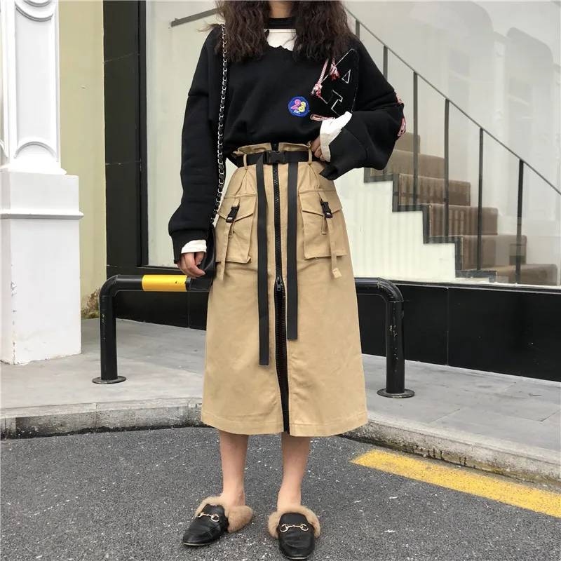 beige Новое поступление, женская одежда, завышенная талия, до середины икры, трапециевидная юбка, весна-лето, Ретро стиль, на молнии, однотонная женская юбка-Карго - Цвет: beige