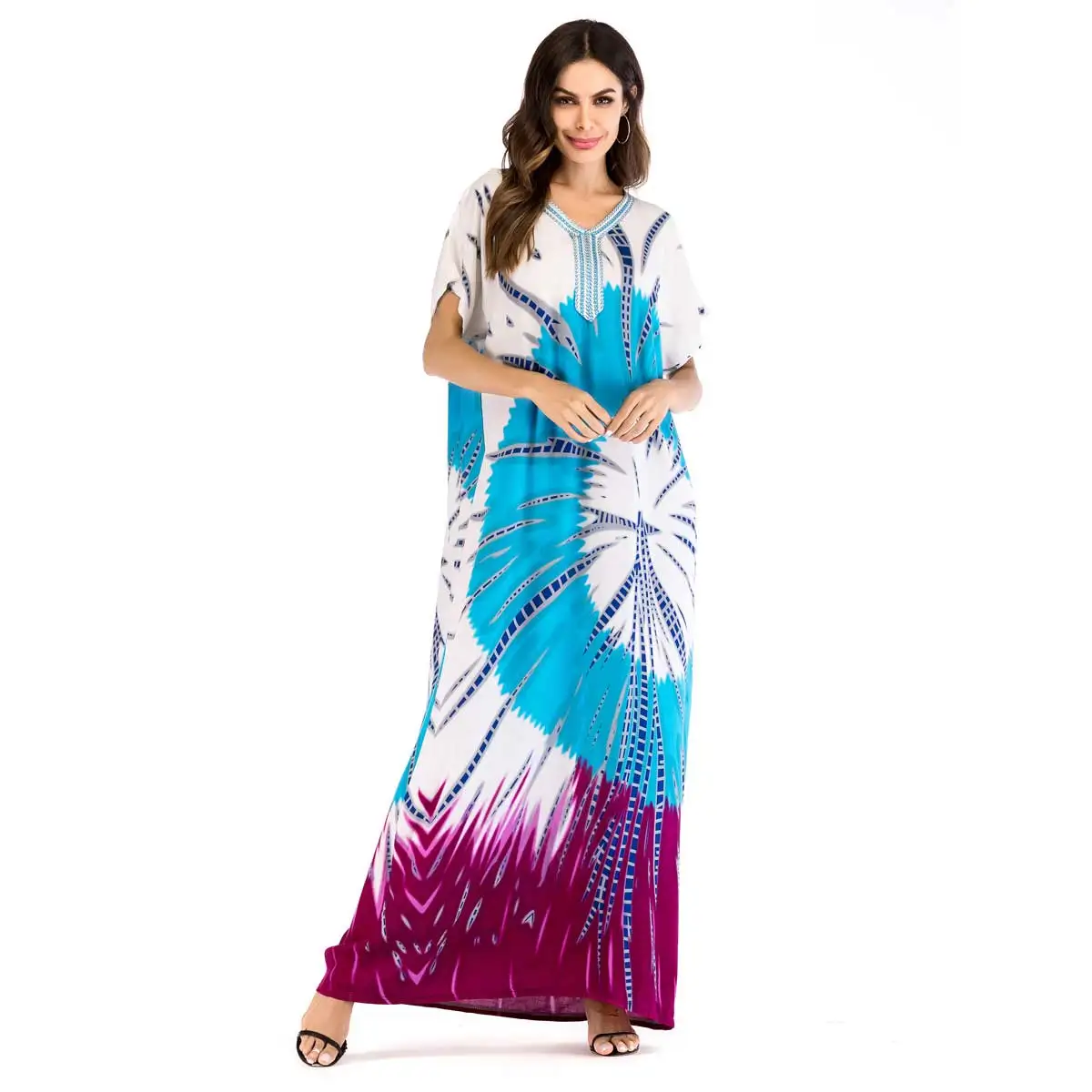 

2019 Color Contrast Patchwork Print Maxi Dress Summer Plus Size Bohemian Muslim Abaya UAE Dubai Islamic Arabic Robe VKDR1522