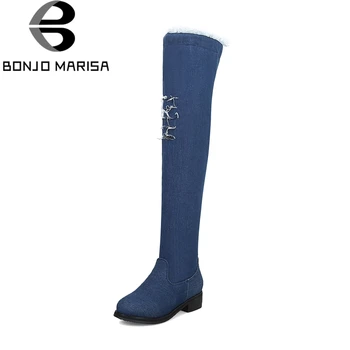 

BONJOMARISA Plus Size 32-48 Fashion Women Denim Knee High Boots Women Autumn 2020 Hot Sale Sexy Med Heels Shoes Woman