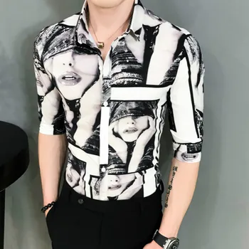 

2019 high quality men's fashion casual seven-point sleeve women's printed shirt men's social business dress shirt