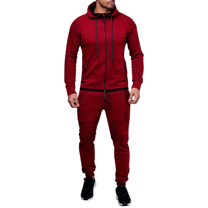 Wine Red Мужской тренировочный комплект, спортивные костюмы в полоску для фитнеса, теплый спортивный костюм с капюшоном, мужской однотонный тренировочный комплект для пробежек, упражнений, бега, мужской 3XL - Цвет: Wine Red