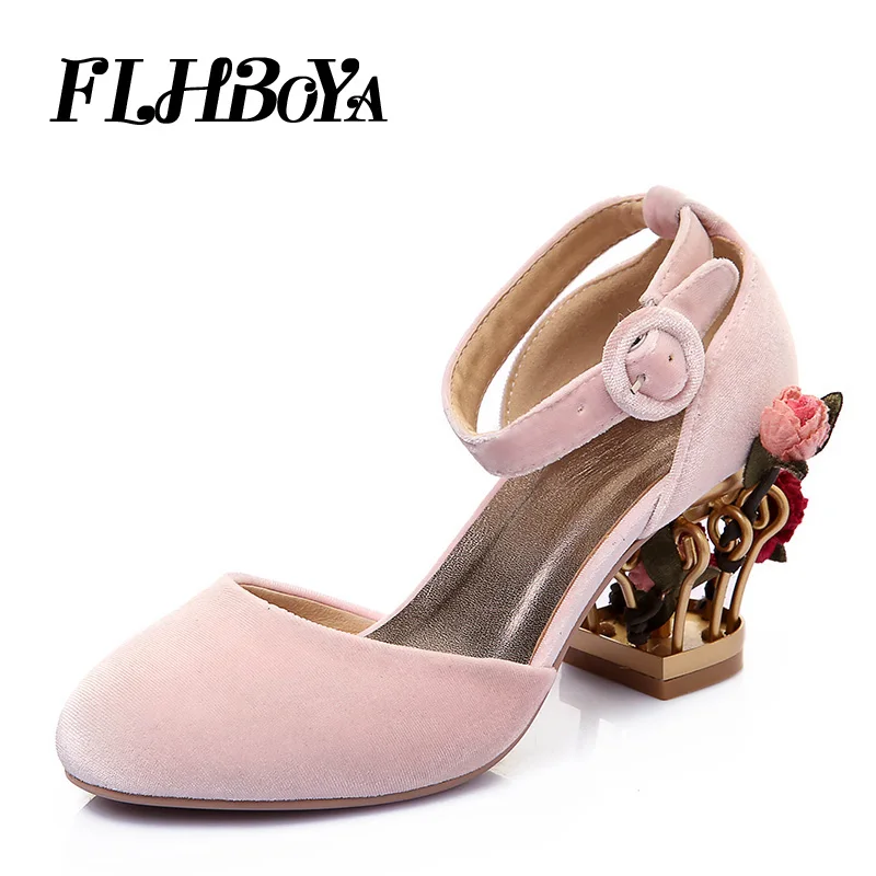 

FLHBOYA Flower Women Fashion Fretwork High Heels Wedding Pumps Heeled Sandals shoes Pink Black for Ladies Girl Party Appliques