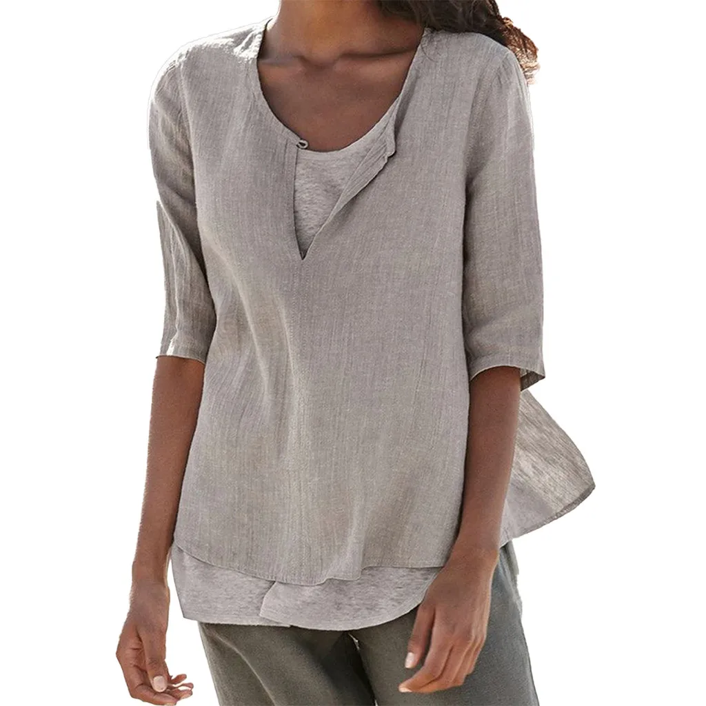 Серый Blusas женское свободное льняное с короткими рукавами Блузка Mujer плюс размер повседневная Кнопка v-образный вырез Твердые футболки, туники, топы летние блузки - Цвет: Серый