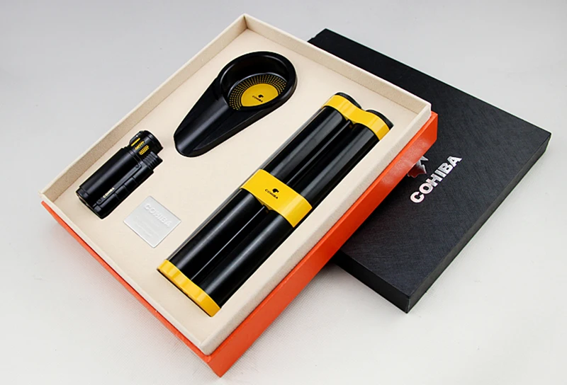 

High-Quality COHIBA Black Cigar Set Cigar 2 Tube Humidor and Ashtray 3 Torch Jet Flame Lighter Good Gift of Cigar