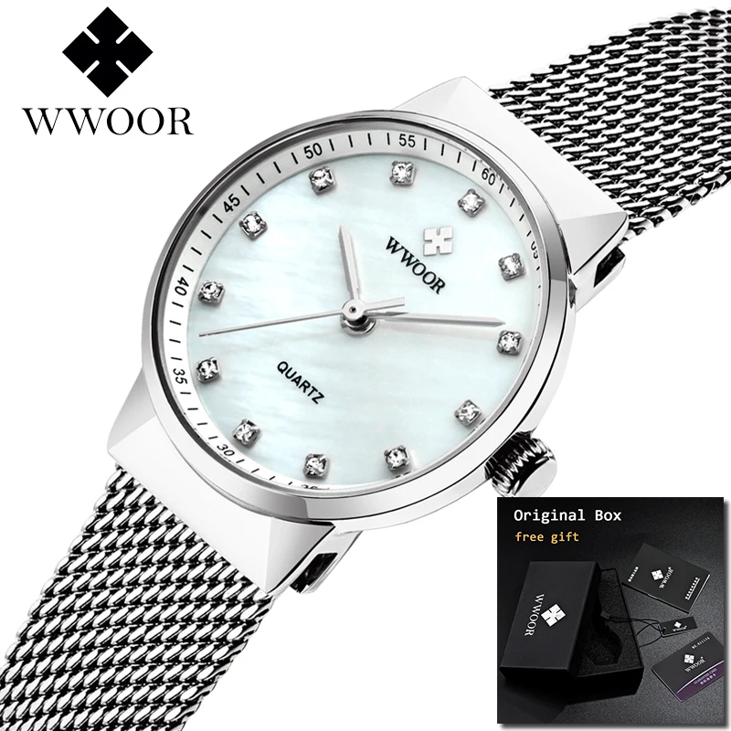 

2018 New WWOOR Simple Women Watches diamond Ladies Wristwatch Ultra thin Quartz Watch Woman Sliver Ladies Watch Relogio Feminino