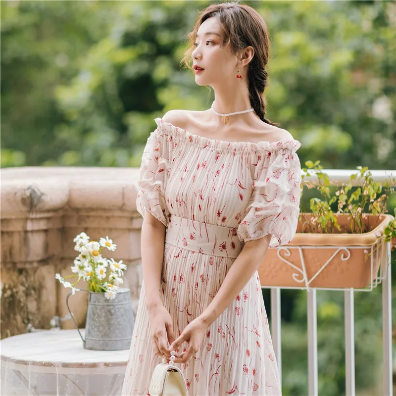 SWEETXUE Summer Vintage Floral Print One Neck Dress Puff Sleeve High Waist Lace-Up Chiffon Loose Beach Holiday Long Dress Women