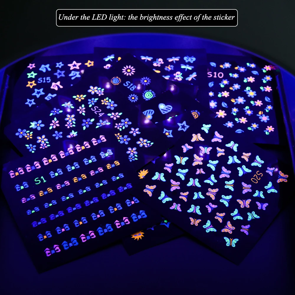 24 дизайн светящиеся серии фольги наклейки для ногтей s бабочка цветок 3D слайдеры наклейки для маникюра Набор наклеек для украшения CHS1-24