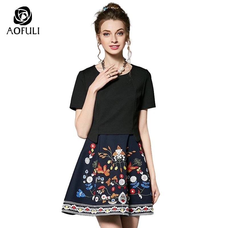 S - 4XL Ladies Floral Embroidered 2 Pcs Suits Summer Short Sleeve Top + Sleeveless Dress Colorful Embroidery Black Sundress 3869
