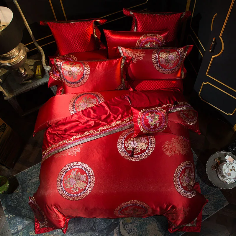 Queen King size Серебряные; золотые Роскошные Красные Свадебные Постельное белье 60S хлопок сатин Египетский хлопок пододеяльник, простынь и наволочки, наволочками, Комплект постельного белья для очень больших и