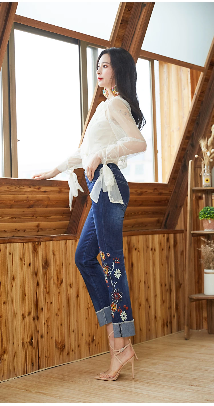 FERZIGE/Брендовые брюки с цветочной вышивкой, новые оригинальные джинсы с высокой талией и манжетами, женские милые узкие прямые брюки, большие размеры 36