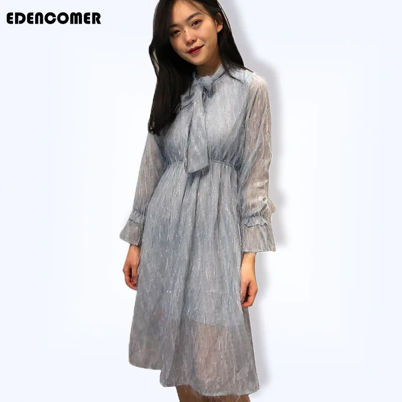 

EDEMCOMER 2019 Spring Dress New Style Princess Long Sleeve Elegant Party Sweet Tie-up Dresses Vestidos De Fiesta for Women