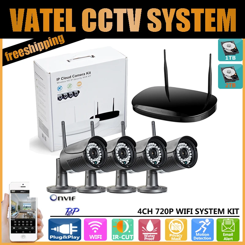 VATEL 4CH 720P WIFI System 1TB HDD 4pcs Wifi IP Camera Plug And Play Waterproof IR 30M Onvif Wireless NVR Kit CCTV System