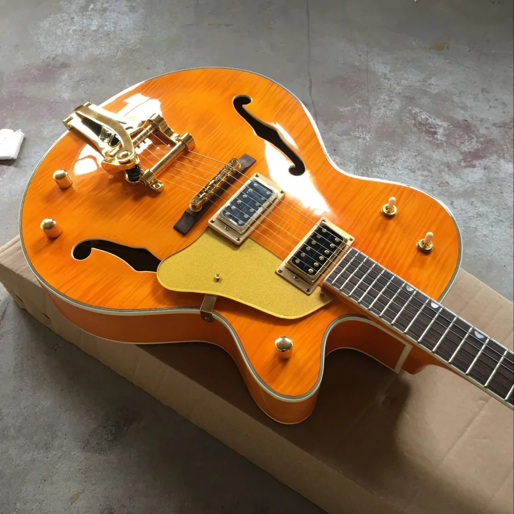 

custom shop. Tiger Flame standard custom electric guitar .F hollow body jazz gitaar. orange guitarra.vibrato system