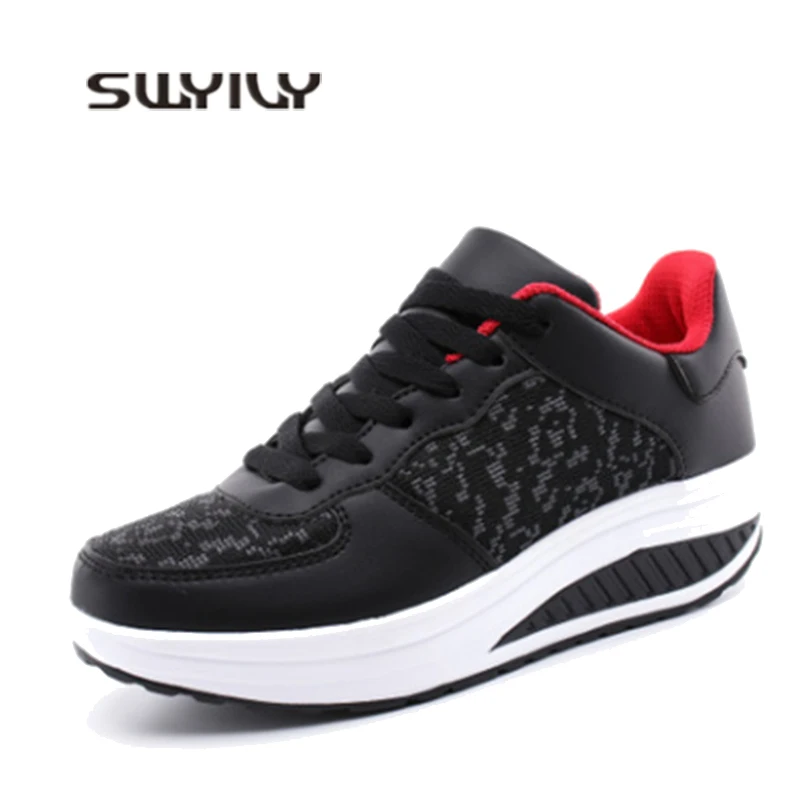 

SWYIVY Slimming Shoes Woman Leather Lose Weight Body Shaping Sport Shoes 2019 Spring Female Large Size 43 Platform Swing Shoes