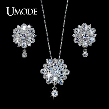 UMODE Women Jewelry Sets Including 1 Pair Floral CZ Stud Earrings & 1 Flower Chain Pendant Necklace Made of CZ Stones US0016