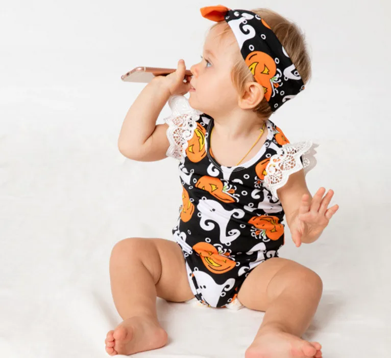 New Halloween Gifts Baby Girls Pumpkin bodysuit Dress Jumpsuit Headband sets Bebe Infant Cute Festival Costumes Children Clothes