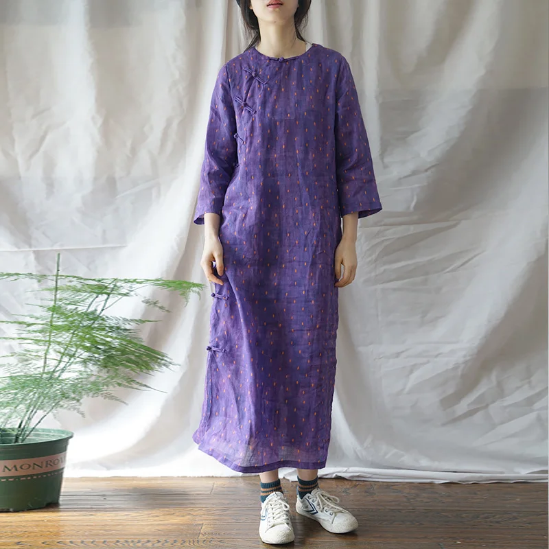 

Women Ramie Dress Button Purple Cheongsam Spring New Seven Sleeve O-Neck Print Floral High Quality Dress