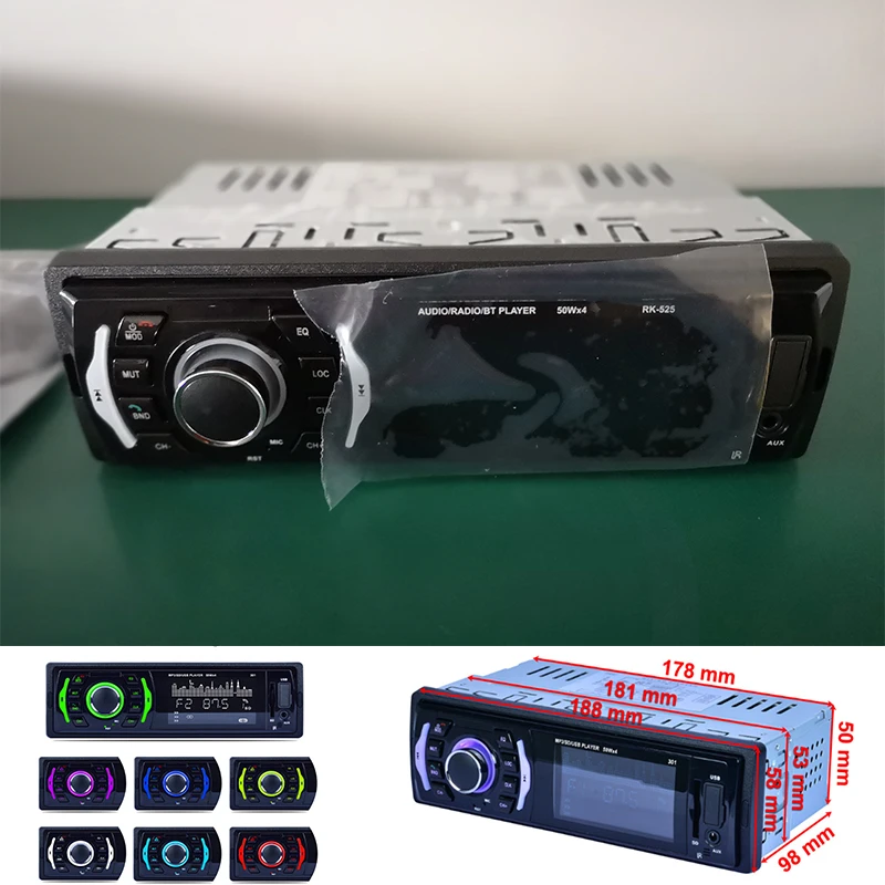 

RK-525 / RK-301 7 colors backlight Fixed panel Car MP3 player Bluetooth FM Radio DC12V USB AUX SD 32GB Hetida
